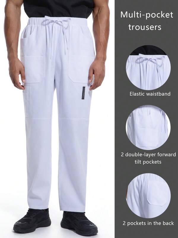 cimmuovere Scrubs For Men Tapered Leg Cargo Scrub Pants With Zip Fly, 5 Pockets Elastic Waist 2-Way Stretch & Easy Care