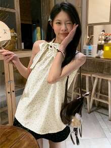 优雅法式蝴蝶结细肩带无袖女式衬衫，夏季宽松休闲波尔卡圆点背心 - 杏色 - 查看 1