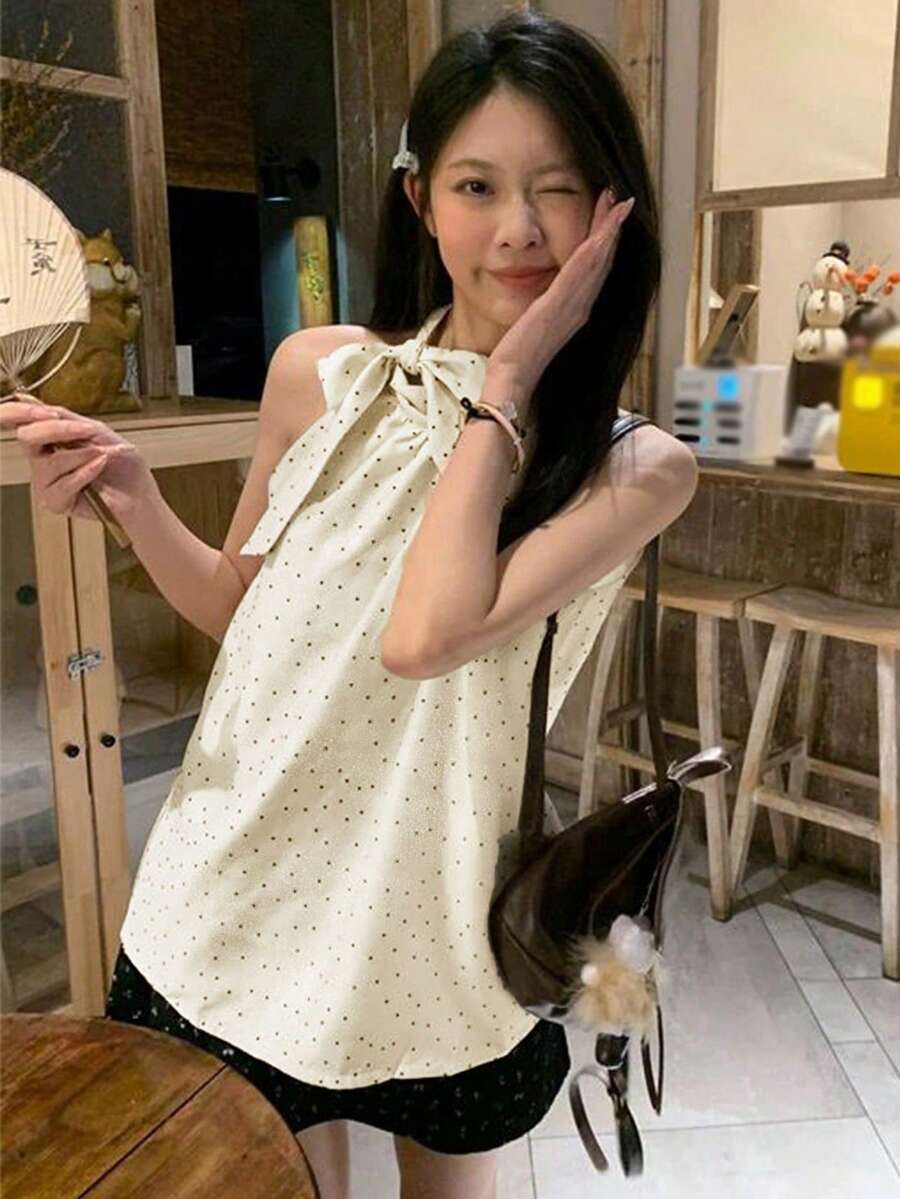 优雅法式蝴蝶结细肩带无袖女式衬衫，夏季宽松休闲波尔卡圆点背心 - 杏色 - 查看 1