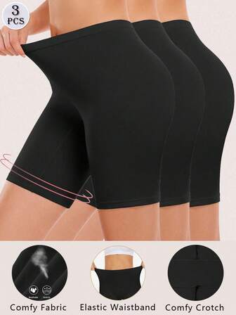 3条装女士纯色光滑无缝平角内裤，舒适骑行健身短裤，日常安全裤