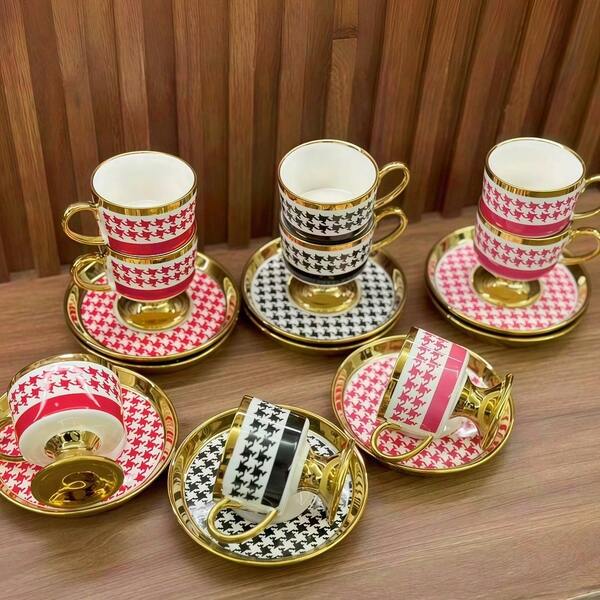 1 Set Ceramic Grid Pattern Coffee Mug Saucer Set 90ml/3.04oz ,Luxury Gold Trim Arabic Style For Home, Office, Kitchen,Perfect Gift For Christmas, Valentine's,Graduation, For Cappuccino, Latte, Mocha, Milk, Double Espresso,Reusable Cup- Assorted Colors-Gifts For Her/His