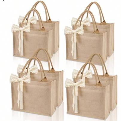 8pcs Burlap Tote Bag Set With Handles, Waterproof Reusable Blank Resistant Grocery Bags With Ribbon Large Jute Tote 15.35*6*12 Inch Women Bridesmaid Beach Shopping Wedding Travel