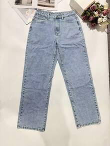Autumn Women's Street Light Blue Mid Waist Jeans Slim Fit Straight Leg Casual Pants And Versatile Washed Denim
