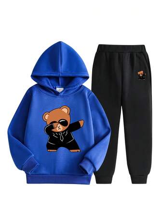 2件套 男童卡通熊印花连帽衫和运动裤套装