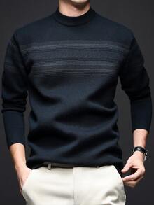 Grey Men's Casual Striped Crew Neck Thick Knit Sweater, Winter