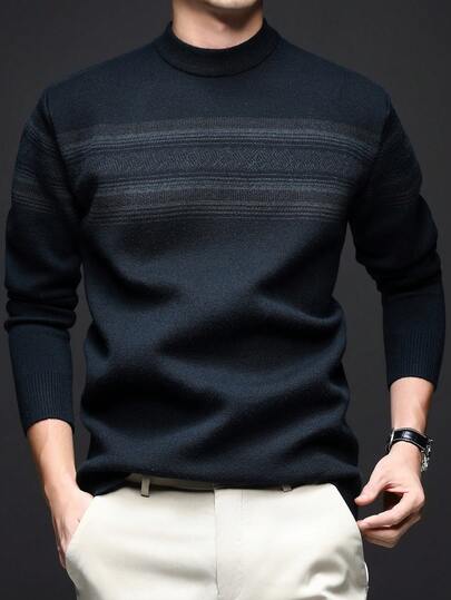 Grey Men's Casual Striped Crew Neck Thick Knit Sweater, Winter