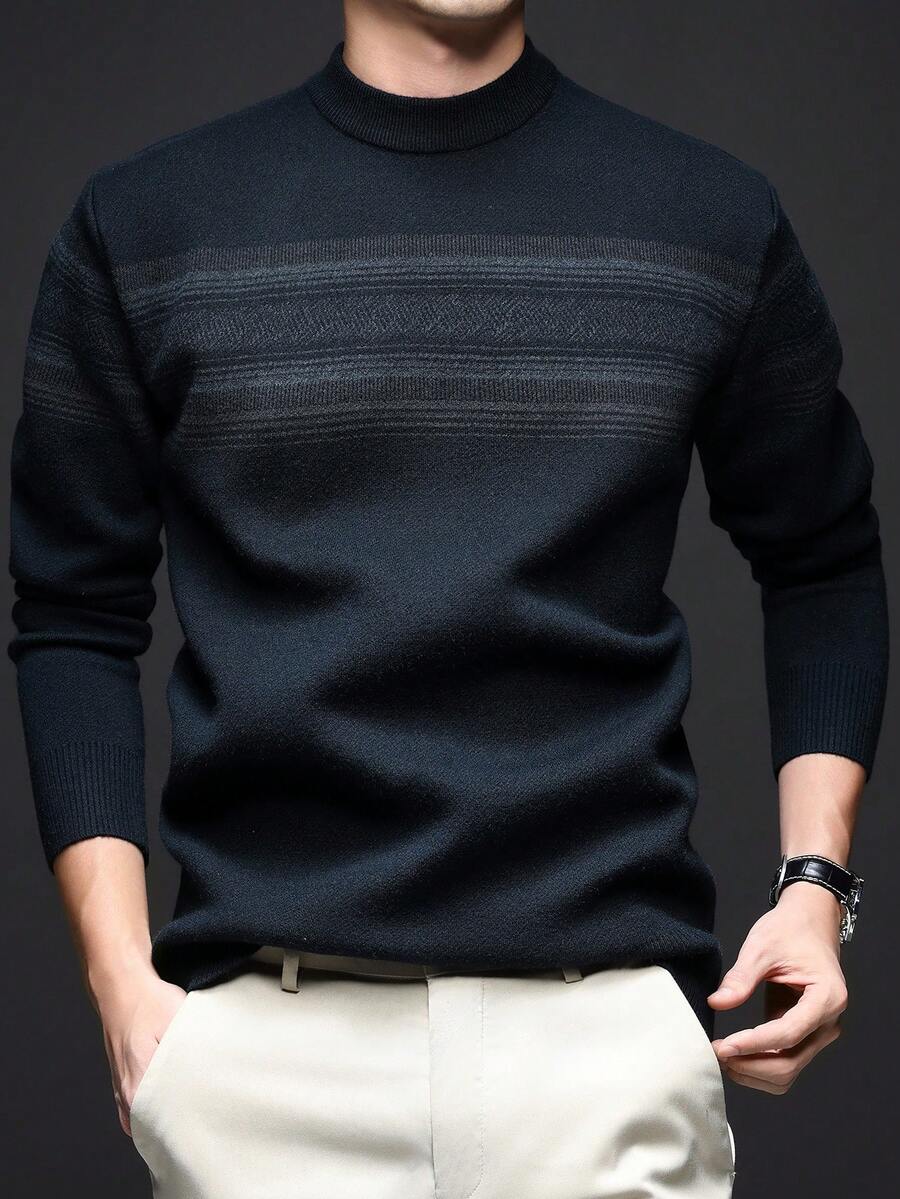 Grey Men's Casual Striped Crew Neck Thick Knit Sweater, Winter