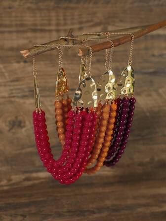 1件复古波西米亚风金属锤纹多层圆形塑料珠项链，女士款，节日礼物及日常佩戴皆宜