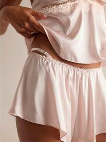 Women Y2k Lace 2 Piece Pajama Set Spaghetti Strap Sleeveless Lace Trim V Neck Tie Back Flowy Tank Top With Elastic Waist Wide Leg Shorts Casual Soft Sleepwear Loungewear Set - 粉色 - 查看 3