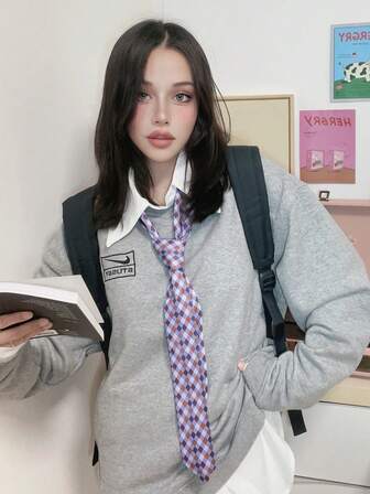 1pc Rhombus Pattern Casual Polyester Blend Blue-Purple Versatile Hand-Tied Shirt Collar Skinny Scarf, Can Be Used As Hair Tie, Neck Scarf, Waist Belt, Neck Warmer, Reversible Small Scarf, Suitable For All Seasons