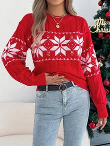 Women's Christmas Snowflake & Striped Colorblock Crew Neck Long Sleeve Sweater, Autumn/Winter - Red - View 4