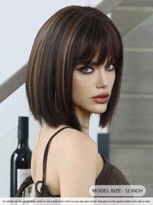 7JHH WIGS 12 Inch Dark Brown Bob Wigs For Women - Modest Fashion Short Straight Wig With Bangs Mixed Brown Highlight Hair, Premium Silky Synthetic Heat Resistant Wig For Daily Wear, Music Festivals Celebrations & Streetwear Special Use, Party Wigs Accessory - Màu nâu highlight - Xem 4
