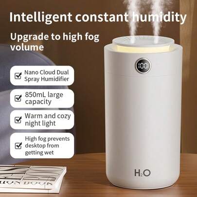 GS45 Humidifier New High-Capacity Nano Dual-Spray Humidifier Quiet Home Humidifier With Warm Ambiance Night Light High Mist Without Wetting Surfaces Three Mist Levels Adjustable Digital Display Function Easy Water Refill Ideal For Living Rooms, Bedrooms, And Desks 850ml Capacity 1200mAh Battery Capacity