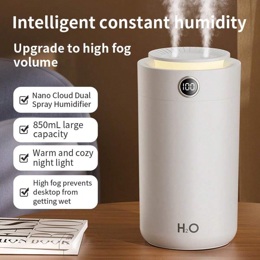 GS45 Humidifier New High-Capacity Nano Dual-Spray Humidifier Quiet Home Humidifier With Warm Ambiance Night Light High Mist Without Wetting Surfaces Three Mist Levels Adjustable Digital Display Function Easy Water Refill Ideal For Living Rooms, Bedrooms, And Desks 850ml Capacity 1200mAh Battery Capacity