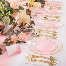 50/25/12pcs Pink Rim Plates - Elegant Plastic Plates With Transparent Pink & Gold Rim, Hammered Pattern Design Plates, Platters For Serving Desserts, Dishes, Steaks, Pasta, Cakes, Snacks, Fruits, Etc. - Perfect For Parties And Weddings: Birthday Parties, Weddings, Valentine's Day, New Year, Mother's Day Or Any Special Occasions - 粉色 - 查看 6