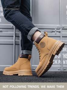 Flipark 1 Pair Vintage Cargo Style Thick Sole Lace-Up Men's Boots, Front Lace-Up, Yellow-Brown Leather, Round Toe High-Top, Suitable For Daily, Outdoor, Commuting, Work Boots