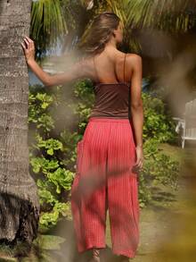 Womens Summer Palazzo Harem Pants Drawstring Lantern Beach Pant Ankle Vacation Pant With Pocket Vintage Clothes Y2K Streetwear - 紅色 - 查看 2