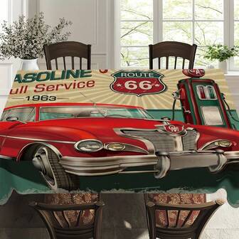 1pc Vintage Route 66 Car Tablecloth, American Retro Style Dining Table Decor, Durable Polyester Fabric, Easy To Clean, Ideal For Family Gatherings, Suitable For Daily Dining Room, Living Room, Parties, Outdoor Camping & Picnics, Indoor/Outdoor Use