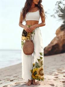 Plus Size Women's Straight Leg Casual Pants With Sunflower Print, Drawstring Elastic Waist Wide Leg Trousers, Breathable & Soft For Vacation, Casual, Spring/Summer With Floral, Leaf Pattern, Knot Drawstring - Light Yellow - View 7