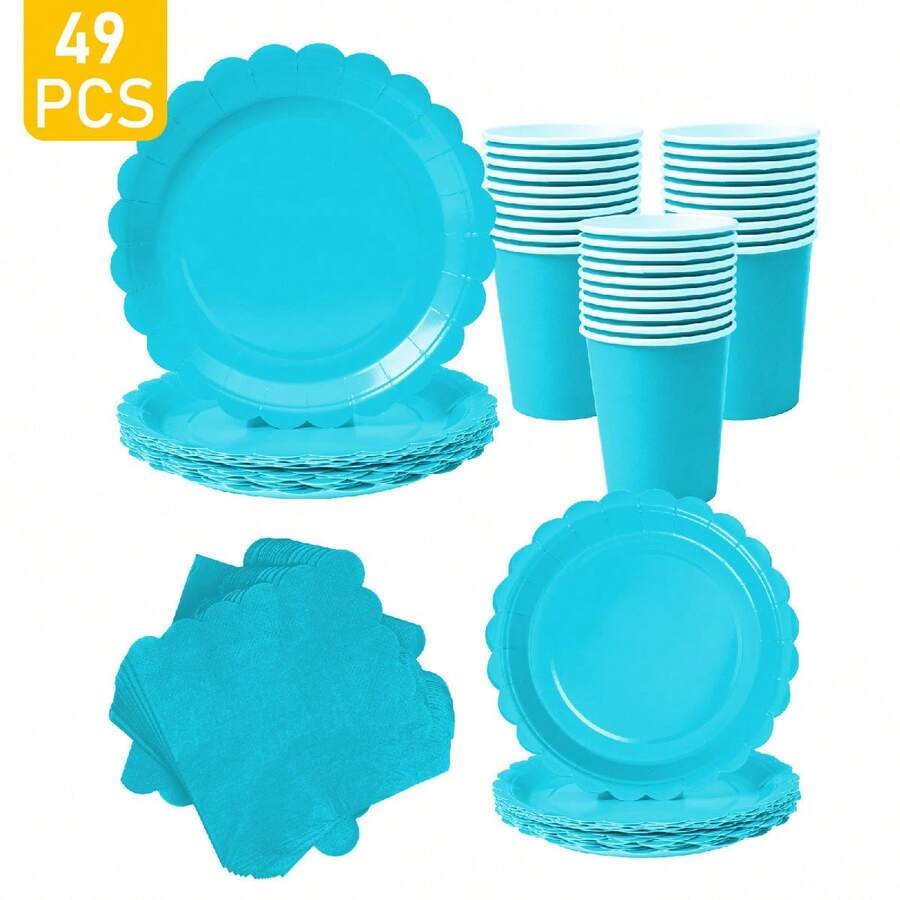 一套浅蓝色花瓣形一次性餐盘、餐巾纸和杯子，可供8位客人使用，适合生日、婚礼、派对、家庭野餐等场合。 - 彩色 - 查看 1