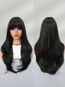 NICKY WALL 24inch Long Wavy Black Wigs For Women,Elegant Wave Curly Wigs With Nature Full Bangs,High Quality Soft Synthetic Fiber Wigs For Women Daily Wear, Festival Ready Party Use, Graduation Gift - Beginners Glueless Wig Accessories - 黑色 - 查看 5