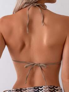 条纹拼接露背系带比基尼套装，含罩衫和裙子，夏季海滩度假 - 棕色 - 查看 2