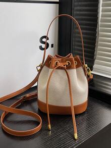 Women's Bucket Bag, Fashionable Casual Straw Woven Shoulder Crossbody Bag, Drawstring Closure Small Handbag - Brown - View 13