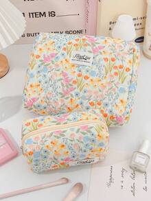 绗缝软木旅行化妆包，大容量蓬松化妆袋，女士洗漱收纳盒，可水洗，花卉图案，便携，女士大容量手提包，洗漱包，适合女性/女孩旅行，可爱，适合作为旅行礼物、结婚礼物、情人节礼物、伴娘礼物以及“我们”系列 - 彩色 - 查看 7