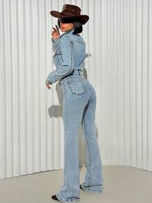 Women's Casual Button Half-Zip Long Sleeve Denim Flare Jumpsuit, Autumn - Baby Blue - View 3
