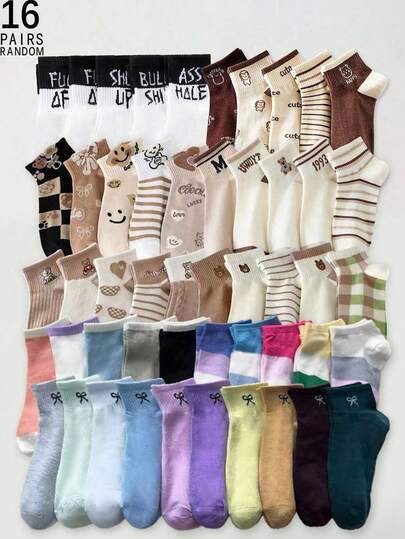 16 đôi tất cổ ngắn thoáng khí họa tiết động vật hoạt hình dễ thương & chữ & sọc cho nữ