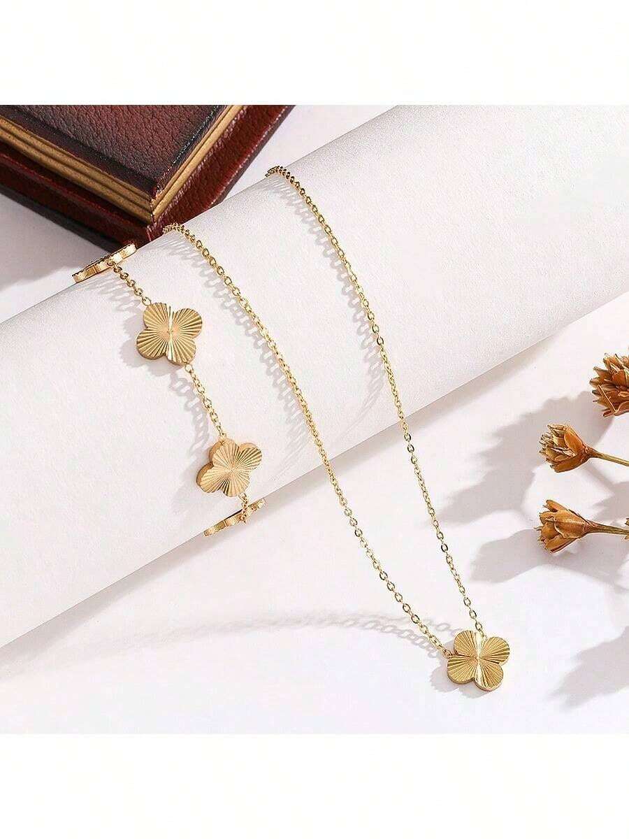 2 pièces/Set Bracelet et Collier Trèfle Porte-Bonheur, Convient pour le Port Quotidien des Femmes - Multicolore - Voir 1