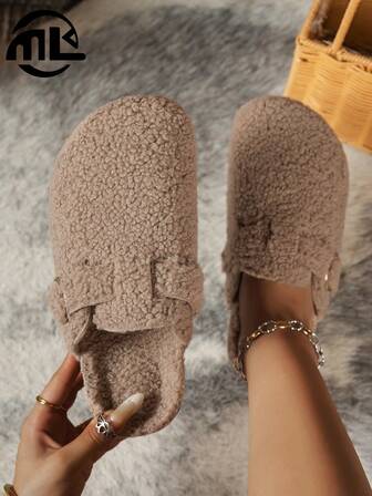 Women's Fashion New Plush Slip-On Slippers, Comfortable For Indoor/Outdoor, Vacation, Casual, Versatile Flat Sandals
