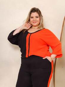 Maison Set: Raglan Sleeve Blouse And Plus Size Summer Pants - 橘色 - 查看 3
