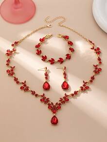 1 Set Elegant Luxury Romantic Floral Teardrop Rhinestone Jewelry Set, High-End Bridal/Wedding/Party Accessories, Intimate Gift - Red - View 3