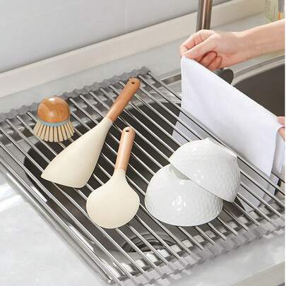 1个不锈钢水槽沥水架，可折叠卷起设计，蔬菜清洗篮，厨房水槽收纳沥水架，可重复使用，厨房沥水架，家用厨具，蔬菜水果清洗架，烹饪用具，厨房小工具，厨房配件，返校宿舍必备用品，卷起设计方便收纳，圣诞派对准备和感恩节礼物，厨房用品，厨房配件，厨房工具