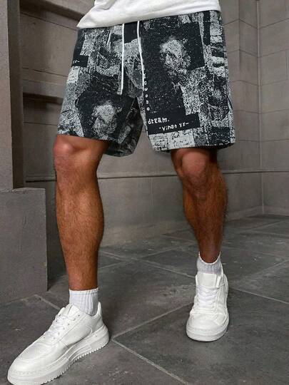 男士黑色印花短裤，时尚百搭休闲迷彩短裤，街头风，轻盈透气，夏季必备