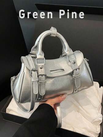 1 件全新银色 PU 保龄球包，时尚简约女士手提包，独特设计通勤单肩包