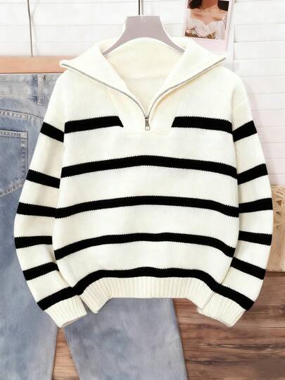 1pc Girls & Teens' Casual Striped Crew Neck Pullover Sweater, Comfortable & Warm, Suitable For Spring, Autumn, Winter
