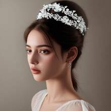 1件优雅新娘仿珍珠叶子发箍，奢华婚纱配饰 - 銀色 - 查看 4