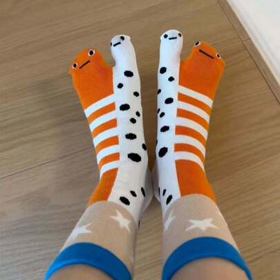 1 Pair Women's Cute & Quirky Toe Separator Mid-Calf Socks, Abstract Ugly Cute, Girlfriend, Aquarium Fish Themed Socks
