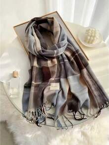 1pc Women's Faux Cashmere Plaid Tassel Scarf, Chic Autumn/Winter Shawl For Warmth, Fashion Neck Wrap For Daily Use - Màu xanh lam - Xem 9