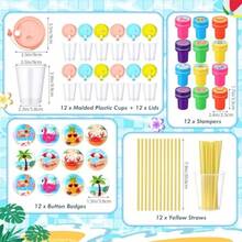 D146 Pcs Summer Party Favors DIY Stickers Button Pins Badges Stampers Lids Straws Cups Cards Whistles For Beach Pool Summer Birthday Party Favor Plies Hawaiian Tropical Tiki Aloha Gift Sets - 多彩 - 查看 3