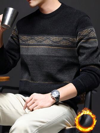 Jersey de punto de chenilla a rayas azul para hombres, con forro térmico, grueso para el invierno