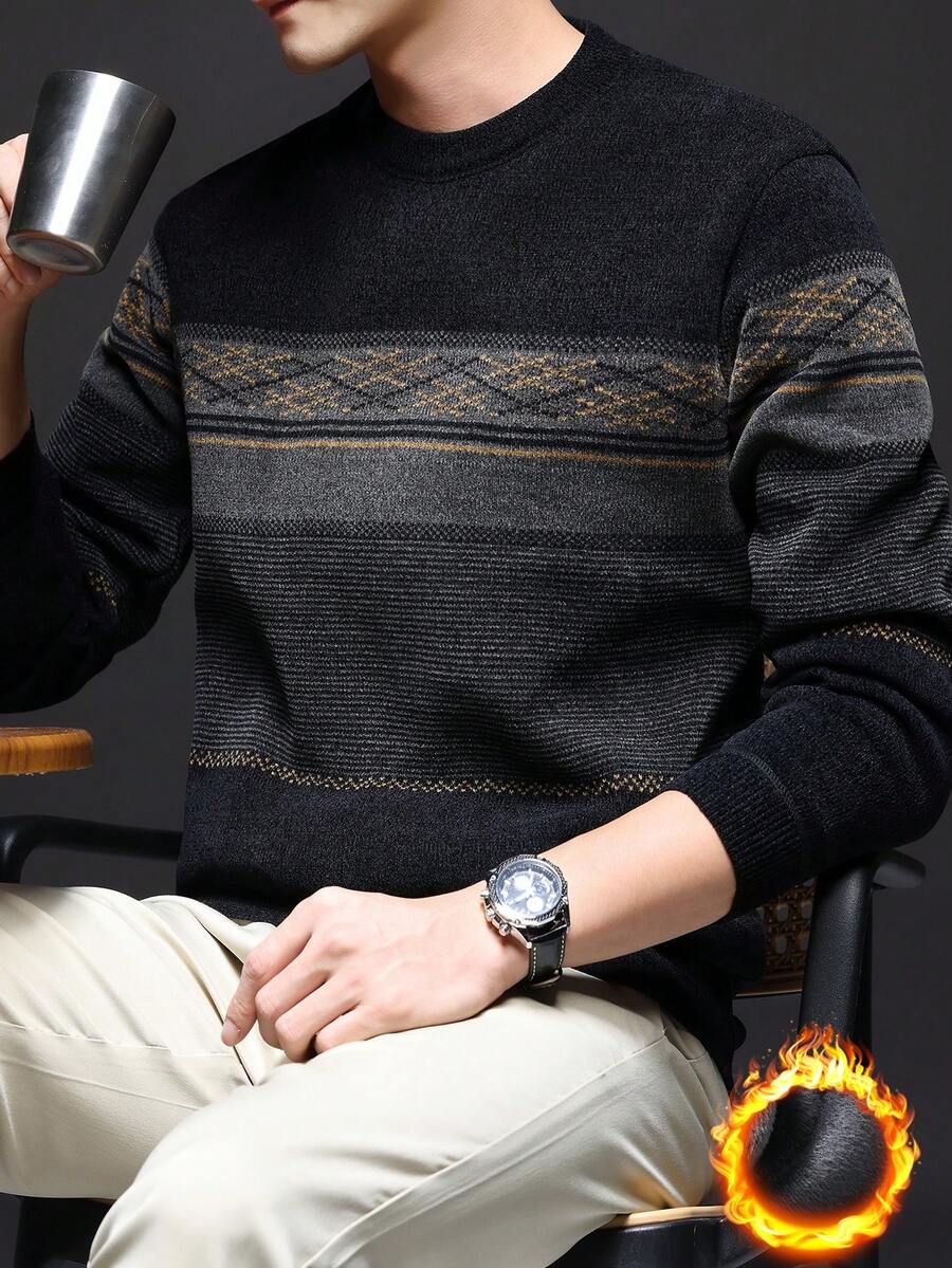 Men's Blue Striped Chenille Knitted Sweater, Thermal Lined, Thick For Winter - Black - View 1