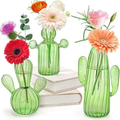 3Piece Plant Propagation Station Cactus Glass Vase Cactus Bud Vase For Indoor Plants Unique Small Hydroponic Flower Pot Perfect For Plant Lovers Home Garden Decoration Gift Desktop Ornaments