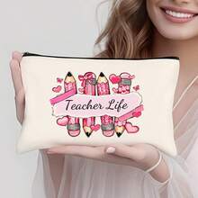 Preppy Style 1/5/10-Pack Canvas Cosmetic Cases For Teachers – Portable Zippered Pouches For Makeup, Stationery, Jewelry Storage – Teacher Life & Survival Kit Printed Designs – Hand-Washable, Multi-Purpose Gift Bags For School, Home – Ideal For Teacher Appreciation, Back To School, Graduation, Thanksgiving, Christmas Gifts Makeup Bag Make Up Bag Makeup Pouch Cosmetic Bag Toiletry Bag Wash Bag Travel Essential Cruise Essentials Vacation Essentials For Men Women - Beige - View 36