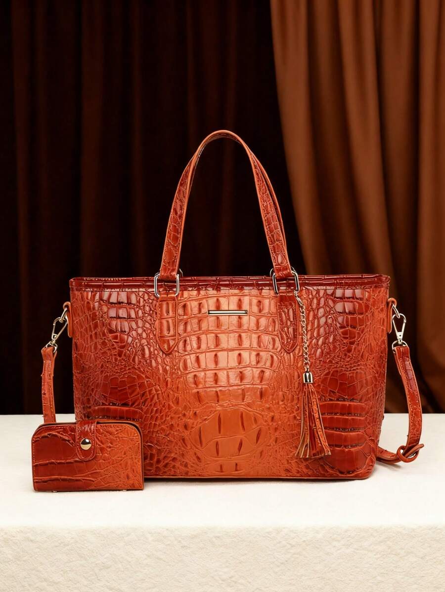 Classic Elegant Women's Bag Set,Fashionable Large Capacityr Bag Single Shoulder Bag,Crocodile Pattern Tote Bag,Light Luxury High-End Real Texture Crocodile Pattern Handbag - 橘色 - 查看 1