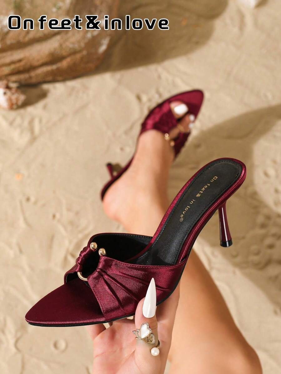 On feet& in love Fall/Winter Women's Elegant Satin Pleated Metal Round Buckle Open Toe High Heel Slide Sandals, Suitable For Dresses In Summer, Elegant, Mule