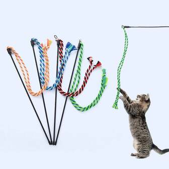 1pc Random Color Cat Teaser Wand With Colorful Ropes, Elastic Feather Stick Toy With Bell, Indoor Cat Toy For Playing And Chewing