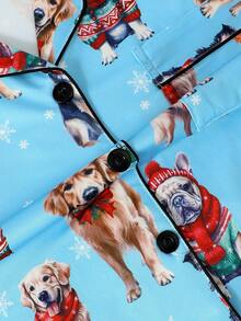 两件套女士长袖睡衣套装，翻领纽扣衬衫搭配松紧腰宽松长裤，适合所有季节，饰有可爱的狗狗派对印花图案，秋冬服装 - 藍色 - 查看 8